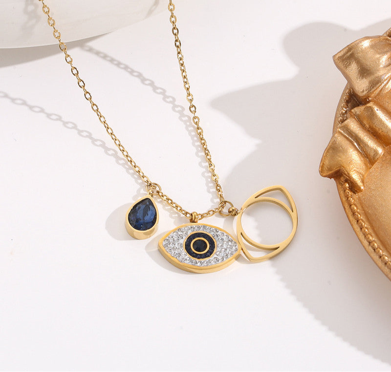 Anti-Tarnish Stainless Steel Gold-Plated American Diamond Studded Evil Eye Necklace - Wholesale