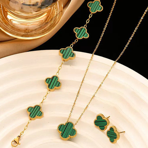 Anti-Tarnish Stainless Steel Gold Plated Green Clover Jewellery Set - Wholesale