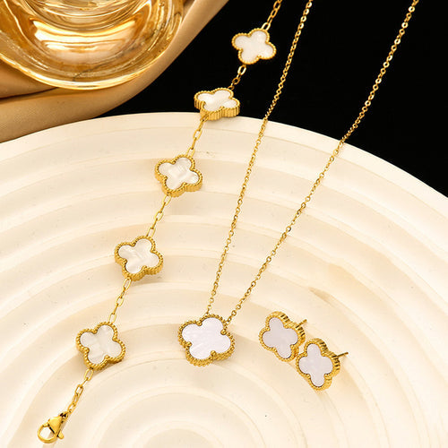 Anti-Tarnish Stainless Steel Gold Plated White Clover Jewellery Set - Wholesale