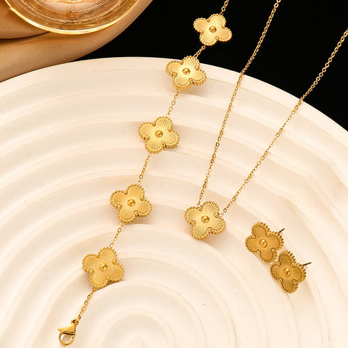 Anti-Tarnish Stainless Steel Gold Plated Golden Clover Jewellery Set - Wholesale