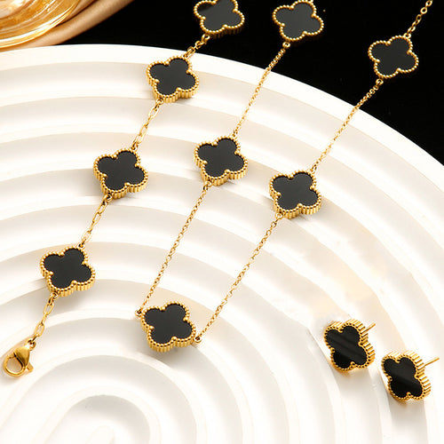 Anti-Tarnish Stainless Steel Gold Plated Black Clover Jewellery Set - Wholesale