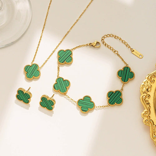 Anti-Tarnish Stainless Steel Gold Plated Green Clover Jewellery Set - Wholesale