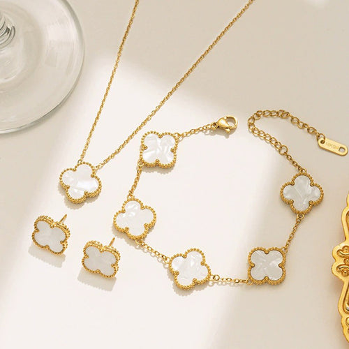 Anti-Tarnish Stainless Steel Gold Plated White Clover Jewellery Set - Wholesale
