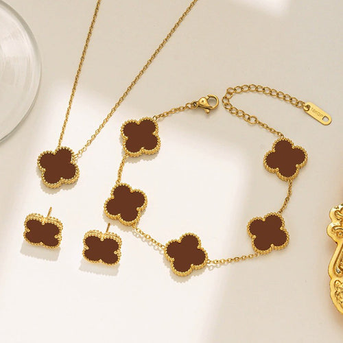 Anti-Tarnish Stainless Steel Gold Plated Brown Clover Jewellery Set - Wholesale