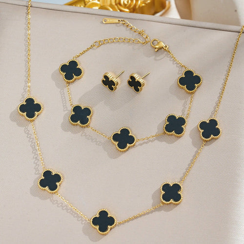 Anti-Tarnish Stainless Steel Gold Plated Black Clover Jewellery Set - Wholesale