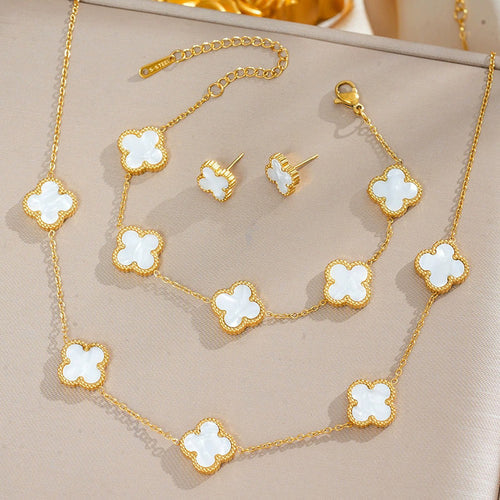 Anti-Tarnish Stainless Steel Gold Plated White Clover Jewellery Set - Wholesale