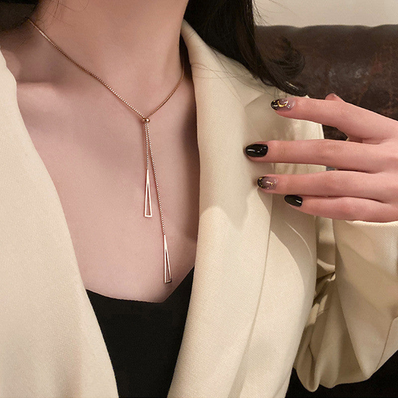 Stainless Steel Rose Gold-Plated Geometric Tassel Pull-Out Necklace - Wholesale