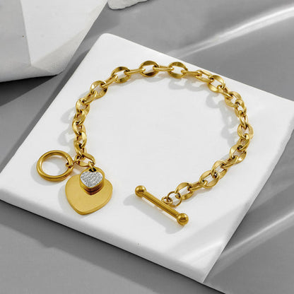 Anti-Tarnish Stainless Steel Gold-Plated Heart Themed Charm Bracelet - Wholesale