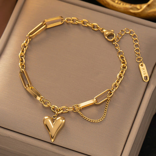 Anti-Tarnish Stainless Steel Gold-Plated Heart Themed Charm Bracelet - Wholesale