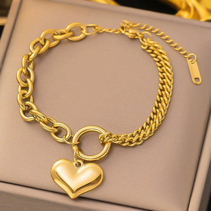 Anti-Tarnish Stainless Steel Gold-Plated Heart Themed Charm Bracelet - Wholesale