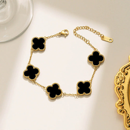 Anti-Tarnish Stainless Steel Gold Plated Black Clover Bracelet - Wholesale