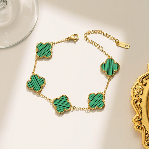 Anti-Tarnish Stainless Steel Gold Plated Green Clover Bracelet - Wholesale
