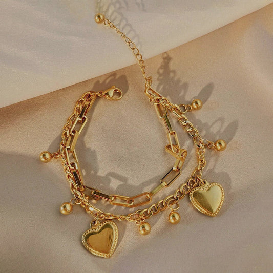 Anti-Tarnish Gold-Plated Heart Themed Wraparound Stainless Steel Bracelet - Wholesale