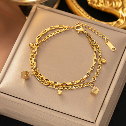 Anti-Tarnish Gold-Plated Cube Themed Wraparound Stainless Steel Bracelet - Wholesale