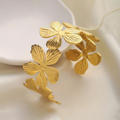 Anti-Tarnish Stainless Steel Gold-Plated Floral Themed Cuff Bracelet - Wholesale