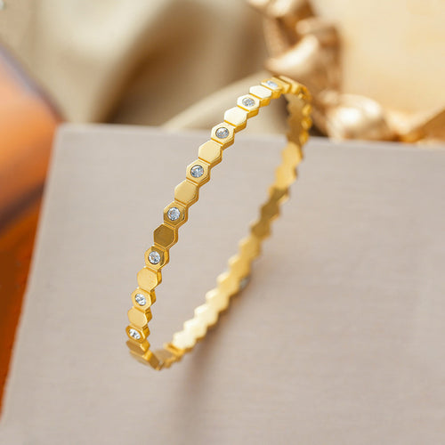 Anti-Tarnish Gold-Plated Hexagonal AD Bangle-Style Bracelet - Wholesale