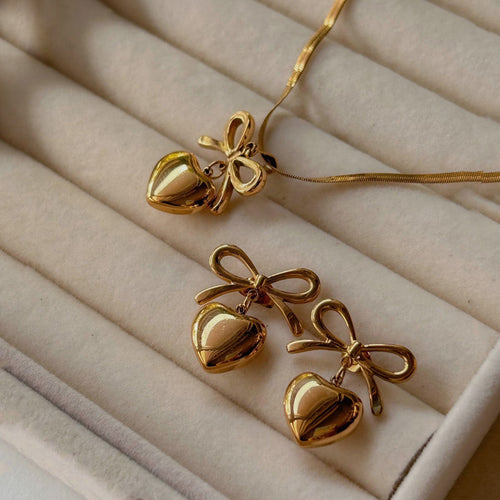 Anti-Tarnish Gold-Plated Bow-Heart Themed Jewellery Set - Wholesale