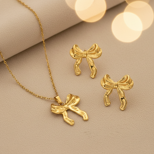 Anti-Tarnish Stainless Steel Gold Plated Bow Themed Jewellery Set - Wholesale