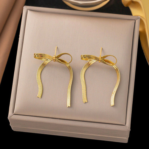 Gold Plated Anti-Tarnish Bow Themed Drop Earrings - Wholesale