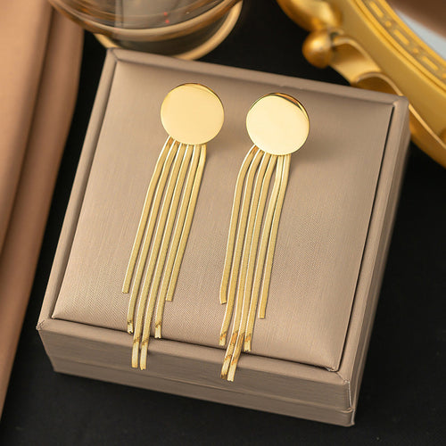 Gold Plated Stainless Steel Anti Tarnish Geometric Statement Tassel Earrings For Women - Wholesale
