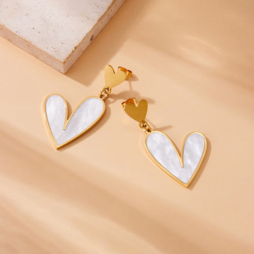 Gold Plated Stainless Steel Anti Tarnish Heart Themed Drop Earrings For Women - Wholesale