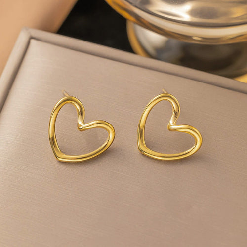 Gold Plated Anti Tarnish Stainless Steel Heart Themed Stud Earrings - Wholesale