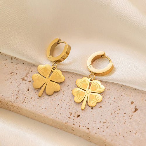 Gold Plated Anti Tarnish Stainless Steel Clover Themed Drop Earrings - Wholesale