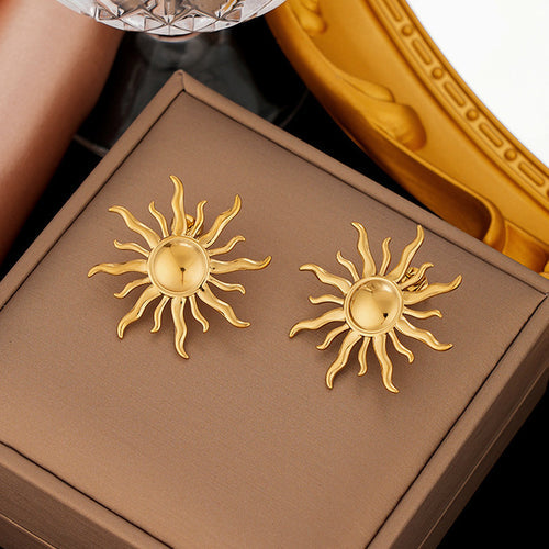 Anti-Tarnish Gold Plated Stainless Steel Sun Shaped Stud Earrings - Wholesale