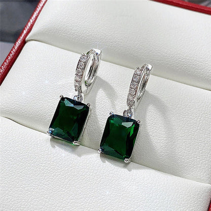 Anti-Tarnish Silver Plated Green Rectangular American Diamond Studded Crushed Ice Cut Drop Earrings - Wholesale