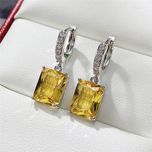 Anti-Tarnish Silver Plated Yellow Rectangular American Diamond Studded Crushed Ice Cut Drop Earrings - Wholesale
