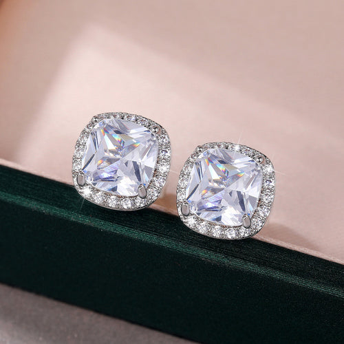 Anti-Tarnish Silver Plated American Diamond Studded Silver Square Crushed Ice Cut Stud Earrings - Wholesale
