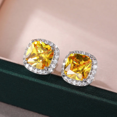 Anti-Tarnish Silver Plated American Diamond Studded Yellow Square Crushed Ice Cut Stud Earrings - Wholesale