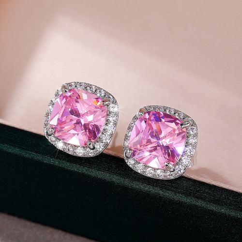 Anti-Tarnish Silver Plated American Diamond Studded Pink Square Crushed Ice Cut Stud Earrings - Wholesale