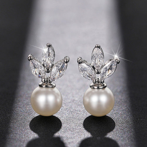 Anti-Tarnish Silver Plated American Diamond Studded Pearl Drop Korean Earrings - Wholesale