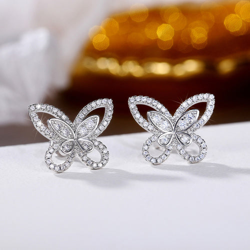 Anti-Tarnish Silver Plated American Diamond Studded Dual Butterfly Shaped Korean Stud Earrings - Wholesale