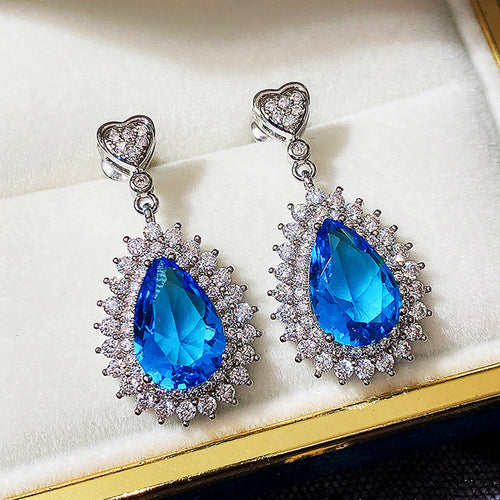 Anti-Tarnish Silver Plated Blue Teardrop Shape Ice Cut Drop Earrings - Wholesale