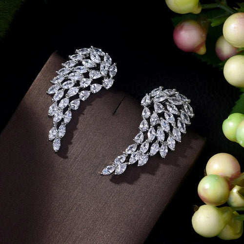 Anti-Tarnish Silver Plated American Diamond Studded Wing Shape Contemporary Drop Earrings - Wholesale