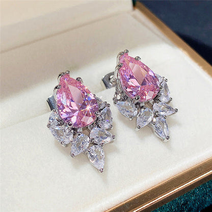 Anti-Tarnish Silver Plated Pink Crushed Ice Cut Drop Earrings - Wholesale
