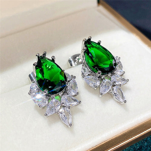 Anti-Tarnish Silver Plated Green Crushed Ice Cut Drop Earrings - Wholesale