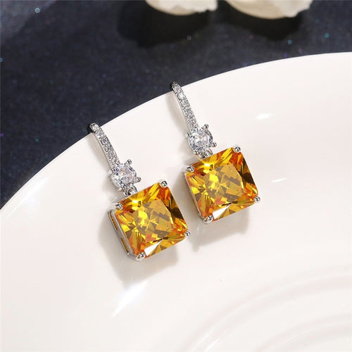 Anti-Tarnish Silver Plated Yellow Teardrop Shape Crushed Ice Cut Drop Earrings - Wholesale