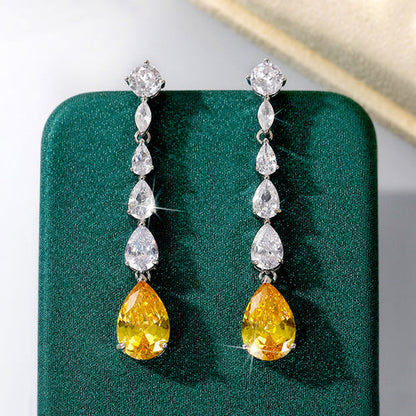Anti-Tarnish Silver Plated Yellow Square Shape Crushed Ice Cut Hanging Earrings - Wholesale