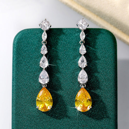 Anti-Tarnish Silver Plated Yellow Square Shape Crushed Ice Cut Hanging Earrings - Wholesale