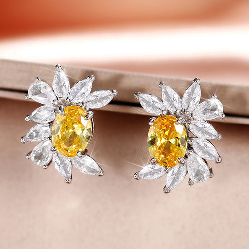 Anti-Tarnish Silver Plated American Diamond Studded Yellow Crushed Ice Cut Stud Earrings - Wholesale