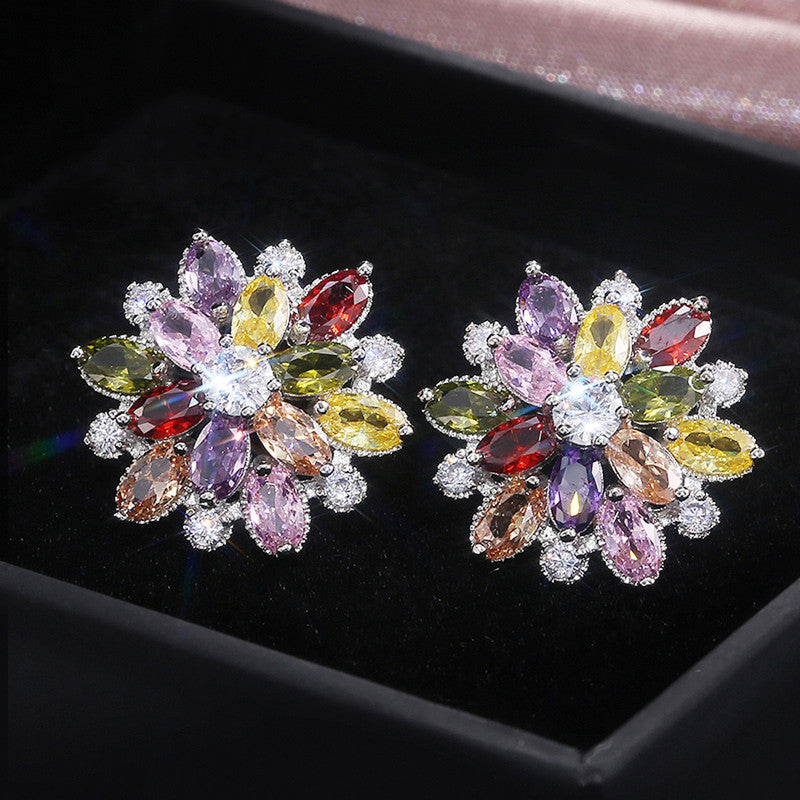 Anti-Tarnish Silver Plated AD Studded Multicolor Floral Stud Earrings - Wholesale