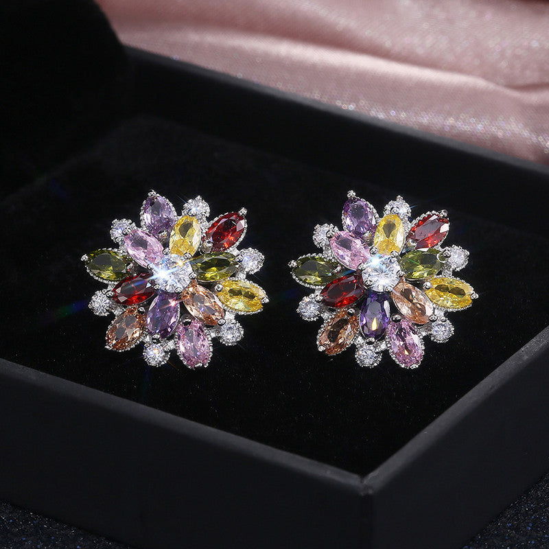 Anti-Tarnish Silver Plated AD Studded Multicolor Floral Stud Earrings - Wholesale
