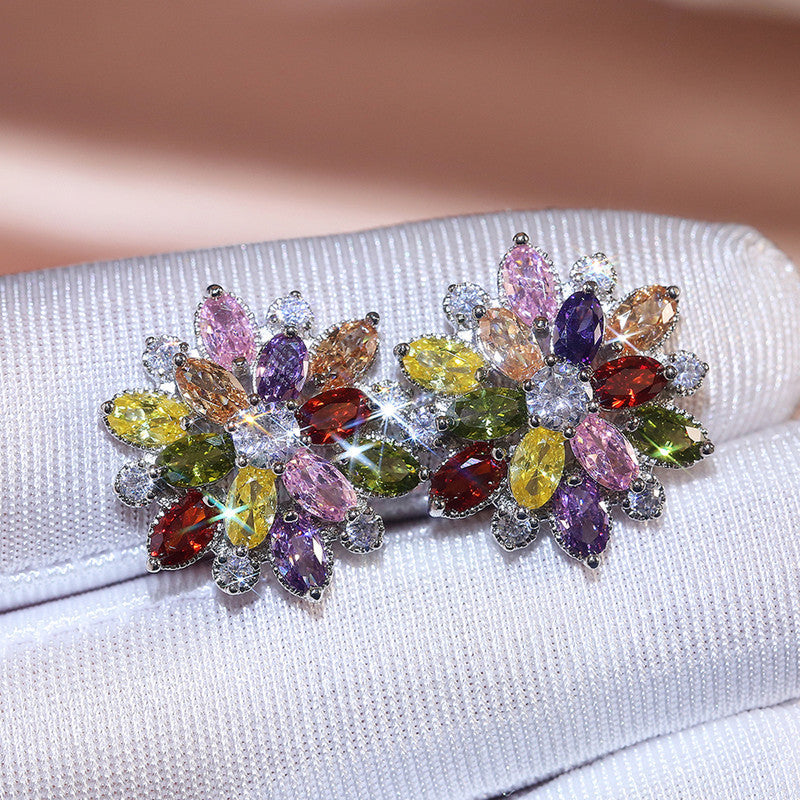 Anti-Tarnish Silver Plated AD Studded Multicolor Floral Stud Earrings - Wholesale