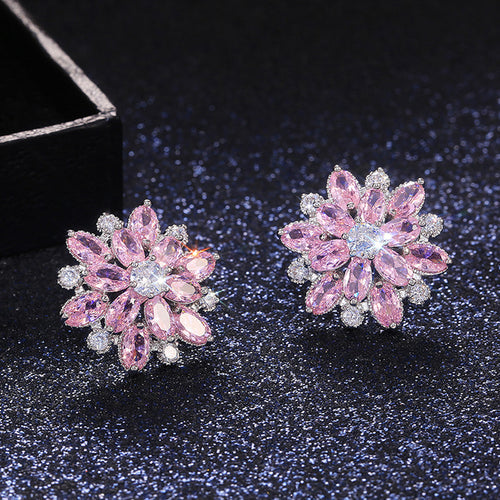 Anti-Tarnish Silver Plated American Diamond Studded Pink Floral Silver Stud Earrings - Wholesale