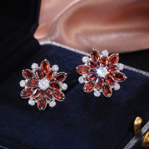 Anti-Tarnish Silver Plated American Diamond Studded Red Floral Stud Earrings - Wholesale