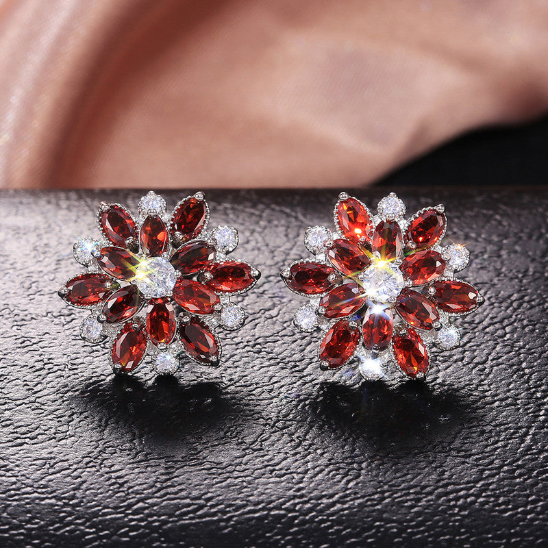 Anti-Tarnish Silver Plated American Diamond Studded Red Floral Stud Earrings - Wholesale