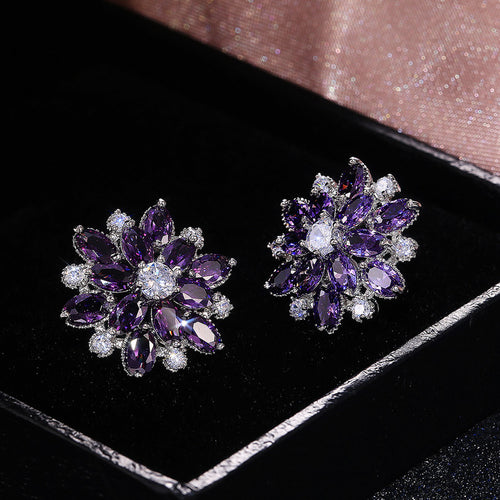 Anti-Tarnish Silver Plated American Diamond Studded Purple Floral Stud Earrings - Wholesale